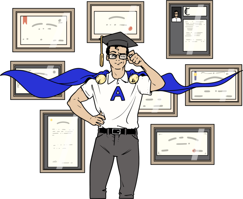 Ein Superheld mit Doktorhut steht vor einer Wand mit vielen Auszeichnungen und Zertifikaten. Er trägt ein weißes T-Shirt mit dem blauen Buchstaben "A" und ein blaues Superhelden-Cape.