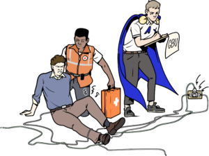 Illustration im Comicstil: Ein Sanitäter mit einem Erste-Hilfe-Koffer kniet neben einer verletzten Person, die über Stromkabel gestolpert ist. Daneben steht ein Superheld in Alltagskleidung, der auf einem Klemmbrett Notizen macht. Der Held trägt ein weißes T-Shirt mit dem Buchstaben "A" und ein blaues Superhelden-Cape.