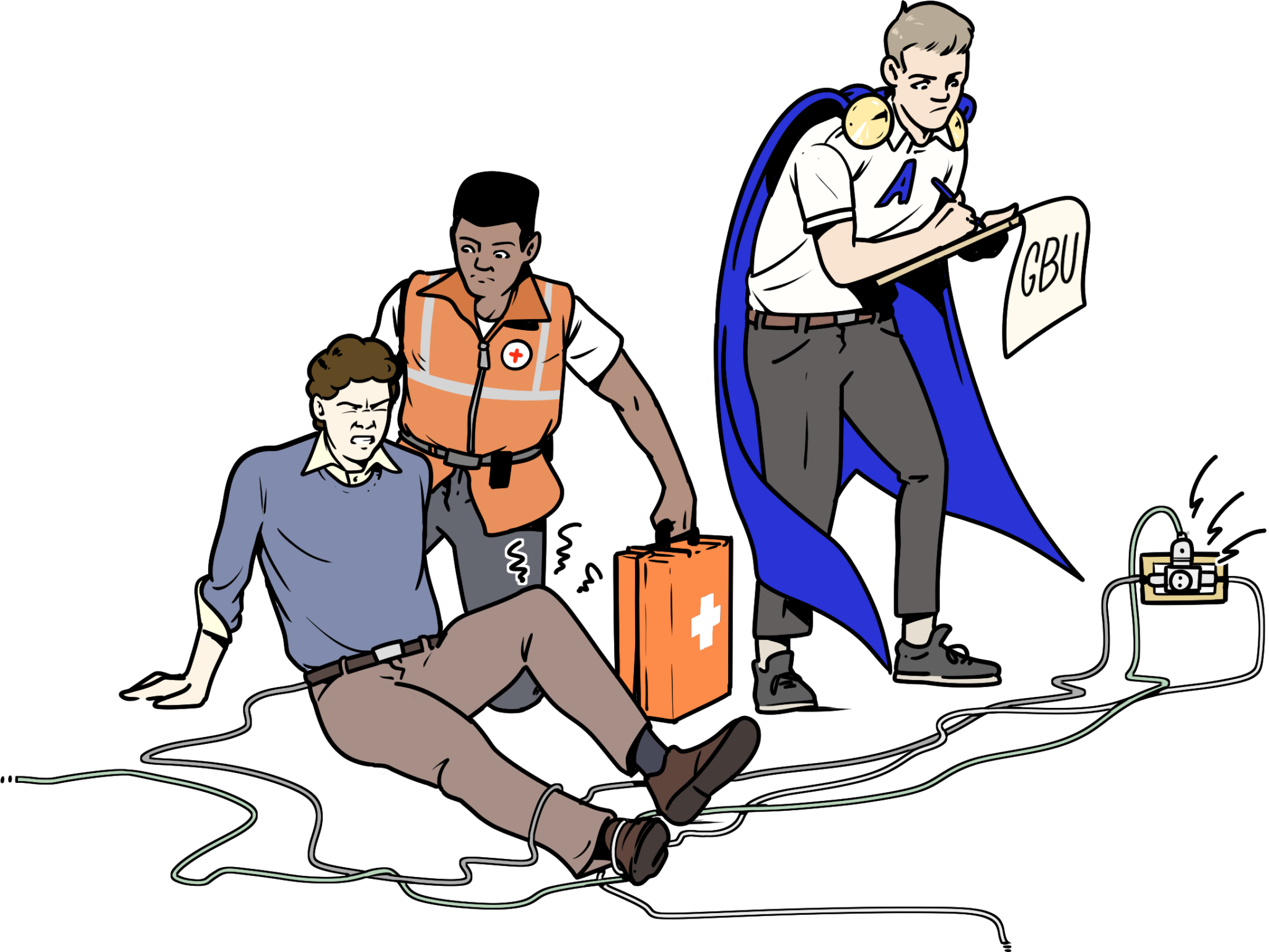 Illustration im Comicstil: Ein Sanitäter mit einem Erste-Hilfe-Koffer kniet neben einer verletzten Person, die über Stromkabel gestolpert ist. Daneben steht ein Superheld in Alltagskleidung, der auf einem Klemmbrett Notizen macht. Der Held trägt ein weißes T-Shirt mit dem Buchstaben "A" und ein blaues Superhelden-Cape.