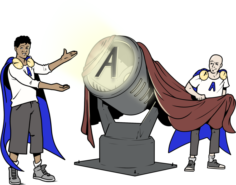 Illustration im Comicstil. Zwei Superhelden in Alltagskleidung enthüllen einen großen nach links gerichteten Scheinwerfer mit dem Buchstaben "A" für "Arbeitsschutz". Die Helden tragen weiße T-Shirts mit dem Buchstaben "A" und blaue Superhelden-Capes.
