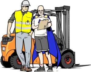 Illustration im Comicstil: Eine Fachkraft für Arbeitssicherheit, zeigt einem Gabelstaplerfahrer Informationen zur Arbeitssicherheit auf einem Klemmbrett. Die Fachkraft trägt Alltagskleidung und einen Superhelden-Umhang. Der Gabelstaplerfahrer steht vor einem orangen Gabelstapler und trägt eine neongelbe Warnweste und einen Schutzhelm.