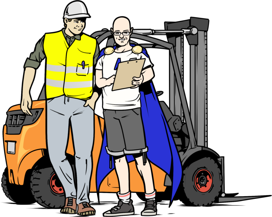 Illustration einer Fachkraft für Arbeitssicherheit, die einem Gabelstaplerfahrer Informationen auf einem Klemmbrett zeigt.