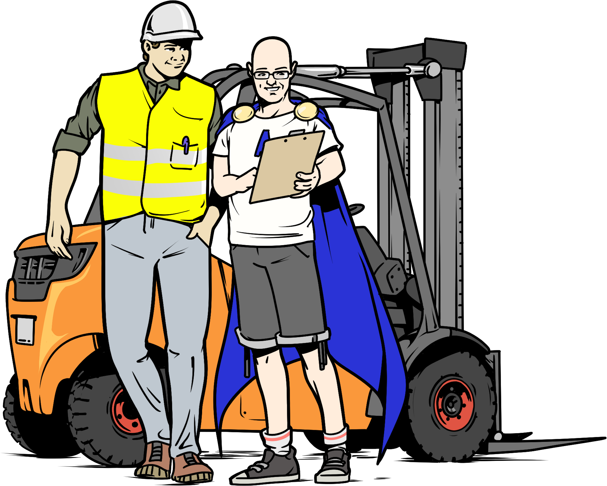 Illustration im Comicstil: Eine Fachkraft für Arbeitssicherheit, zeigt einem Gabelstaplerfahrer Informationen zur Arbeitssicherheit auf einem Klemmbrett. Die Fachkraft trägt Alltagskleidung und einen Superhelden-Umhang. Der Gabelstaplerfahrer steht vor einem orangen Gabelstapler und trägt eine neongelbe Warnweste und einen Schutzhelm.