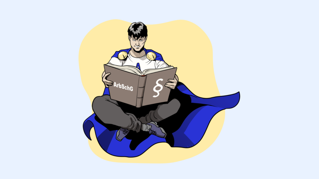 Illustration im Comicstil: Ein Arbeitsschutzheld blättert in einem großen gebundenen Arbeitsschutzgesetz.
