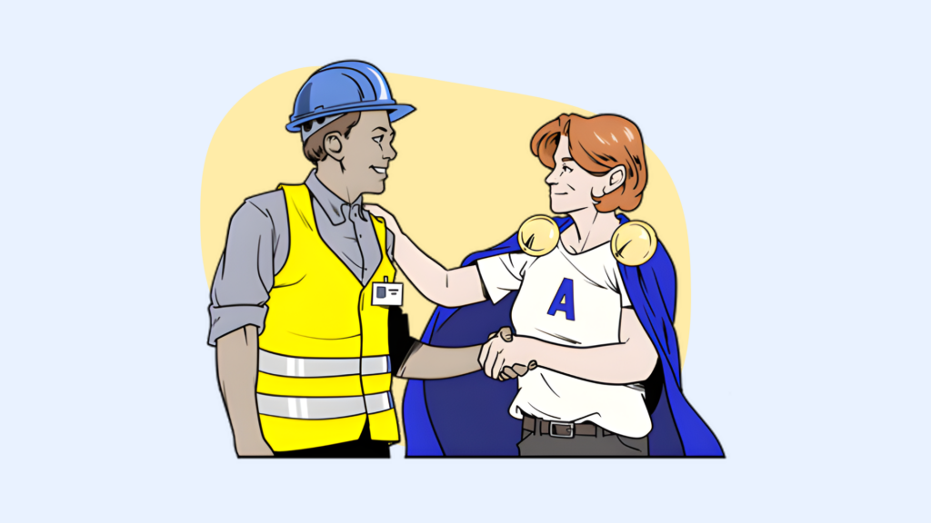 Illustration im Comicstil: Eine Arbeitsschutzheldin mit blauem Umhang und kurzen roten Haaren schüttelt einem Mann mit Warnweste und Schutzhelm die Hand und gratuliert ihm.