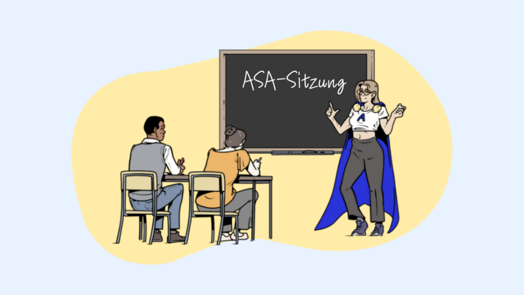 2 Personen sitzen an einem Tisch und gucken zu einer Tafel, auf dieser ist "ASA-Sitzung" geschrieben. Neben der Tafel steht ein Arbeitsschutzheld.
