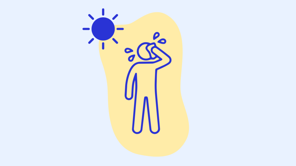 Strichmännchen wischt sich den Schweiß vom Kopf. Links über ihm scheint die Sonne.