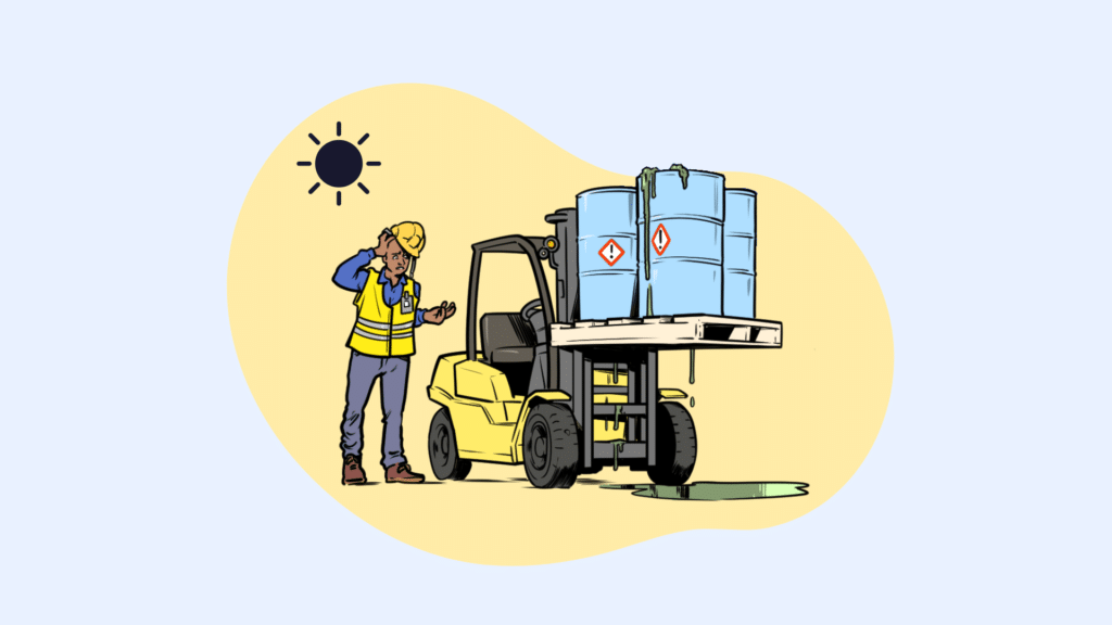 Ein Arbeiter mit Schutzhelm und Warnweste steht neben einem Stapler, welcher voll beladen mit Fässern mit Gefahrstoffen ist. Die Fässer laufen aus und die Sonne scheint.