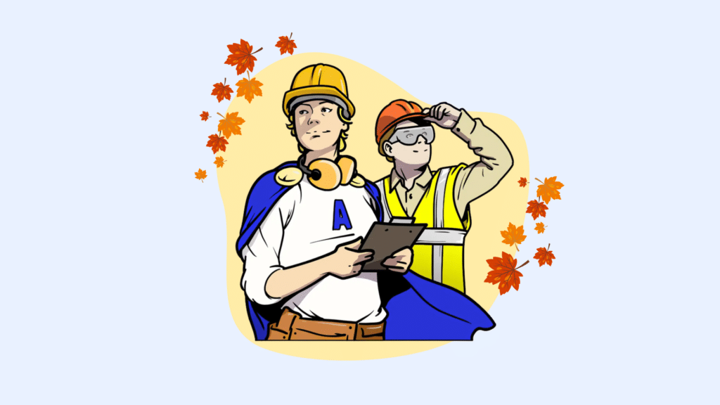 Illustration im Comicstil: Zwei Helden mit Schutzhelmen auf dem Kopf, einer mit einem Klemmbrett und Heldenumhang und der andere in Arbeitsschutzweste. Außenrum wehen ein paar Herbstblätter.