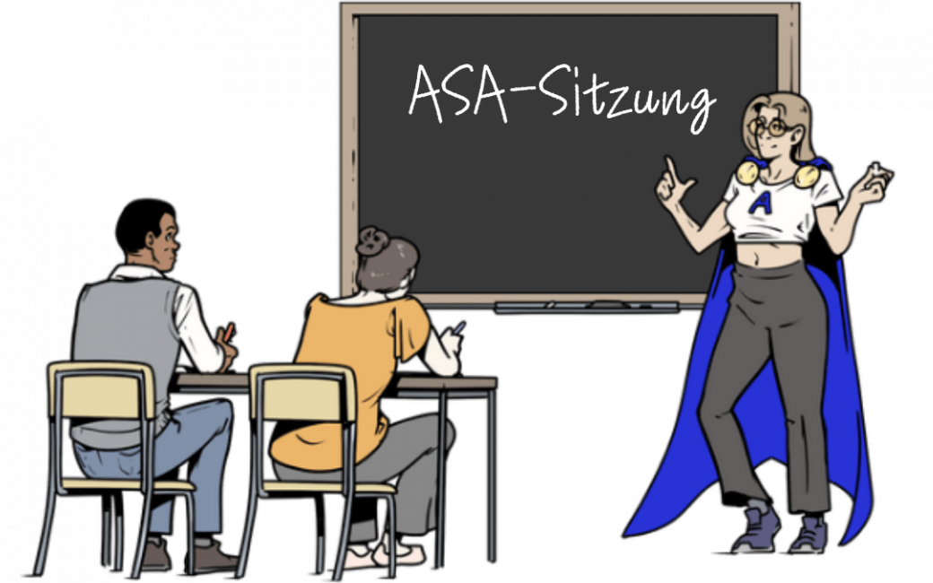 2 Personen sitzen an einem Tisch und gucken zu einer Tafel, auf dieser ist "ASA-Sitzung" geschrieben. Neben der Tafel steht ein Arbeitsschutzheld.