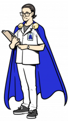 Illustration im Comicstil: Betriebsarzt der Arbeitsschutzhelden mit blauem Heldencape, weißer Arztkleidung und einem Klemmbrett in der Hand.