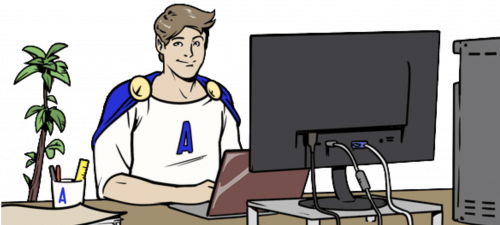 Illustration im Comicstil. Superheld, der an einem Büroschreitisch vor seinem Laptop sitzt. Er trägt außerdem ein weißes T-Shirt mit dem Buchstaben "A" für "Arbeitsschutz" und ein blaues Superhelden-Cape.