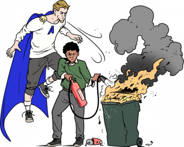 Illustration im Comicstil: Eine brennende Mülltonne wird von einem Mitarbeiter mit einem Feuerlöscher und mit Hilfe eines Arbeitsschutzhelden gelöscht.