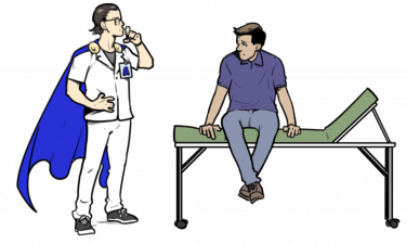Illustration im Comicstil: Ein Betriebsmediziner mit blauem Heldenumhang kümmert sich um die Gesundheit eines Mitarbeiters, der auf einer Krankenliege sitzt.