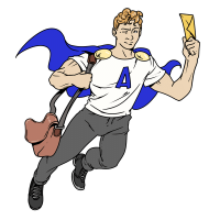 Ein fliegender Arbeitsschutzheld im Comicstil, der ein weißes T-Shirt mit dem Buchstaben "A" für "Arbeitsschutz" und ein blaues Superhelden-Cape und eine Umhängetasche trägt, streckt zwinkernd einen Briefumschlag in die Höhe.