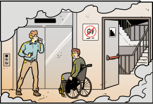 Illustration im Comicstil: zwei Mitarbeiter im Brandfall vor einem Aufzug mit Treppen zur Rechten. Der eine Mitarbeiter sitzt im Rollstuhl.