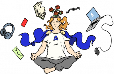 Eine Arbeitsschutzheldin sitzt im Lotussitz da und meditiert während um sie herum Dinge des (Arbeits-)Alltags schwirren, wie ein Laptop oder Briefumschlag. Dabei steht sie für eine hervorragende Work-Life-Balance.